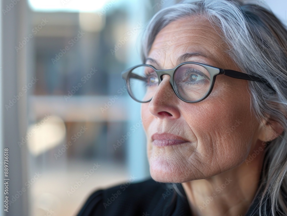 A woman wearing glasses looks out a window, possibly daydreaming or contemplating something A woman wearing glasses looks out a window, possibly daydreaming or contemplating something