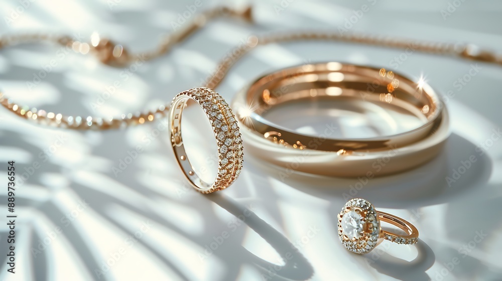 Elegant jewelry pieces like rings, necklaces, and earrings on a beautiful white background. 32k, full ultra HD, high resolution Elegant jewelry pieces like rings, necklaces, and earrings on a beautiful white background. 32k, full ultra HD, high resolution
