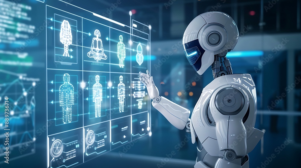 Futuristic Robot Interacting with a Digital Interface Futuristic Robot Interacting with a Digital Interface