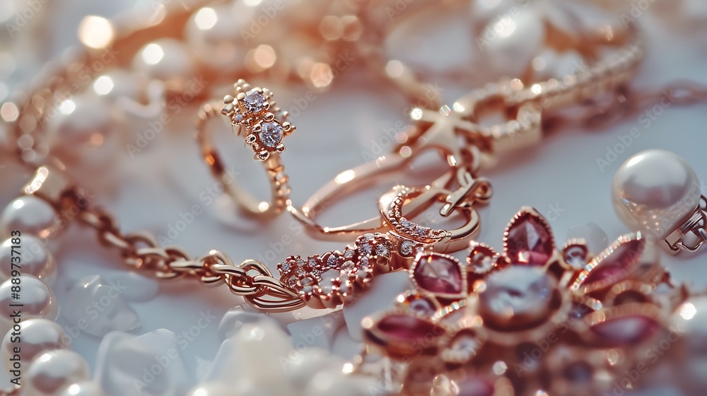 Elegant jewelry pieces like rings, necklaces, and earrings on a beautiful white background. 32k, full ultra HD, high resolution Elegant jewelry pieces like rings, necklaces, and earrings on a beautiful white background. 32k, full ultra HD, high resolution