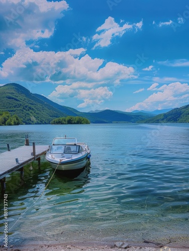 A small boat tied to a dock on a serene lake, perfect for a peaceful getaway or lakeside event