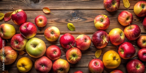 Ripe apples on the wooden floor.