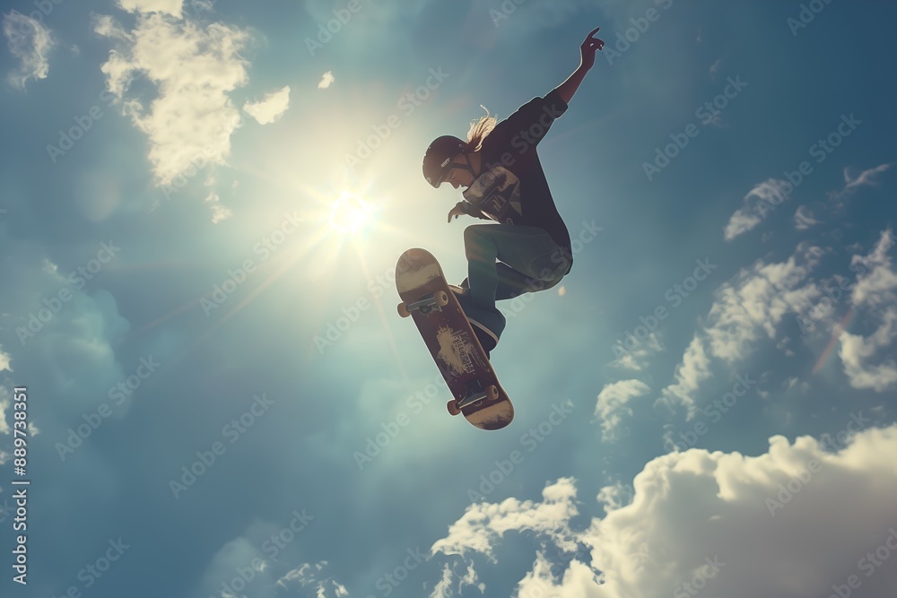 A skateboarder does a trick with the sun in the background, low angle - 19.3MP - created by AI A skateboarder does a trick with the sun in the background, low angle - 19.3MP - created by AI