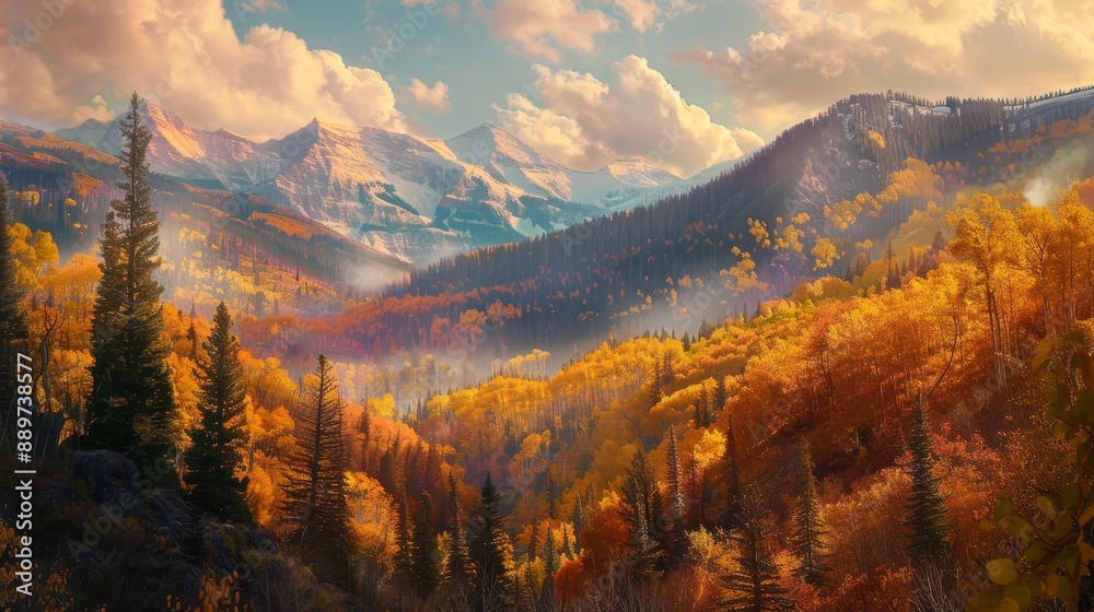 Obraz premium Autumn's hues paint the mountains, a canvas of vibrant colors. Nature's symphony unfolds, as leaves dance with the crisp breeze.