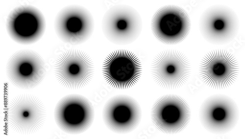 Star light, flash, round element, halftone rays set isolated on background. Geometric sun collection.