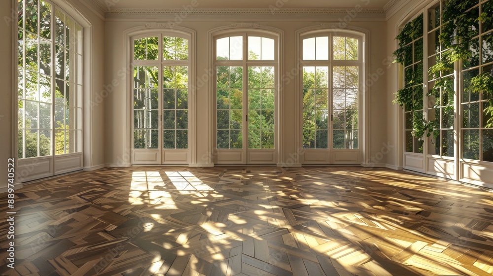 Fototapeta premium Spacious, empty room with sunlit walls and shadows cast by leafy trees outside. Cozy, warm atmosphere with wooden parquet flooring. Ideal for showcasing furniture or creating a relaxing ambiance.