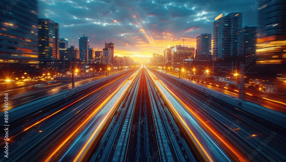 Obraz premium Cityscape with Light Trails at Sunset