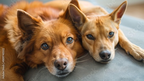 Close-up of two fiery coloring dogs lying side by side, showcasing the beauty of canine companionship and trust © Vitalii Shkurko