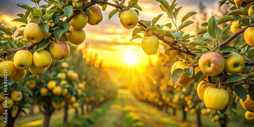 Ripe red apples hanging from branches in an orchard at sunset Ripe red apples hanging from branches in an orchard at sunset