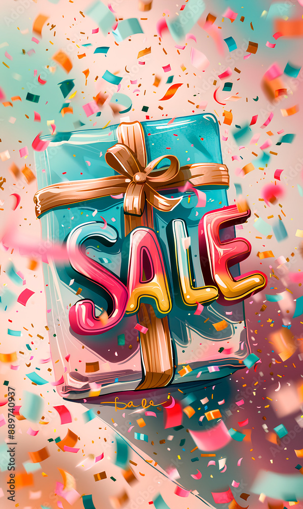 A gift box with a gold ribbon is surrounded by colorful confetti with the word SALE in bold letters
