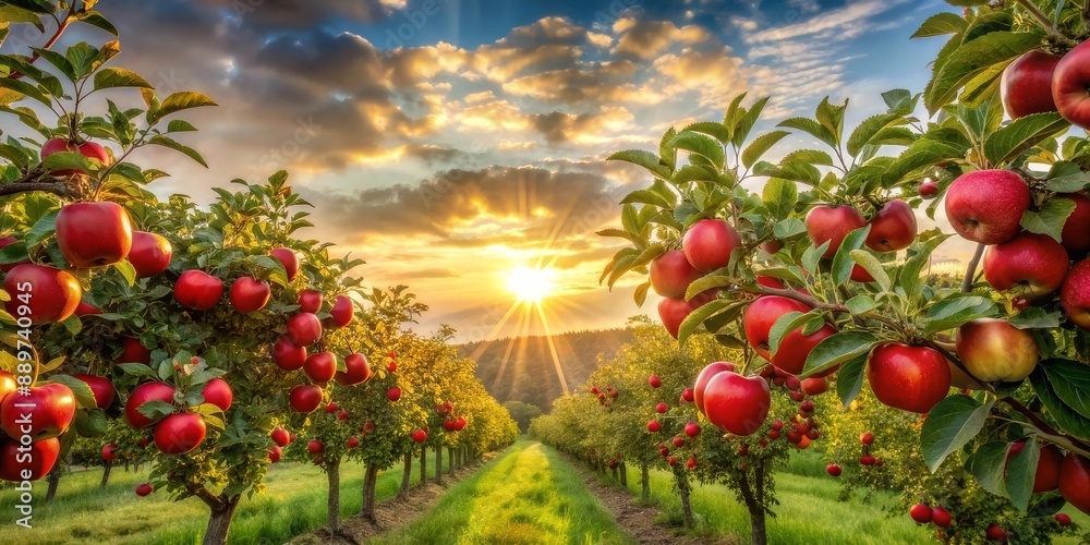 Ripe red apples hanging from branches in an orchard at sunset Ripe red apples hanging from branches in an orchard at sunset