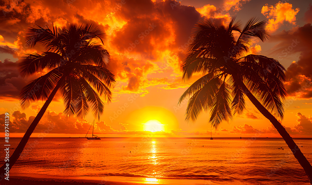 Palm trees silhouetted against a vibrant sunset sky over calm ocean water