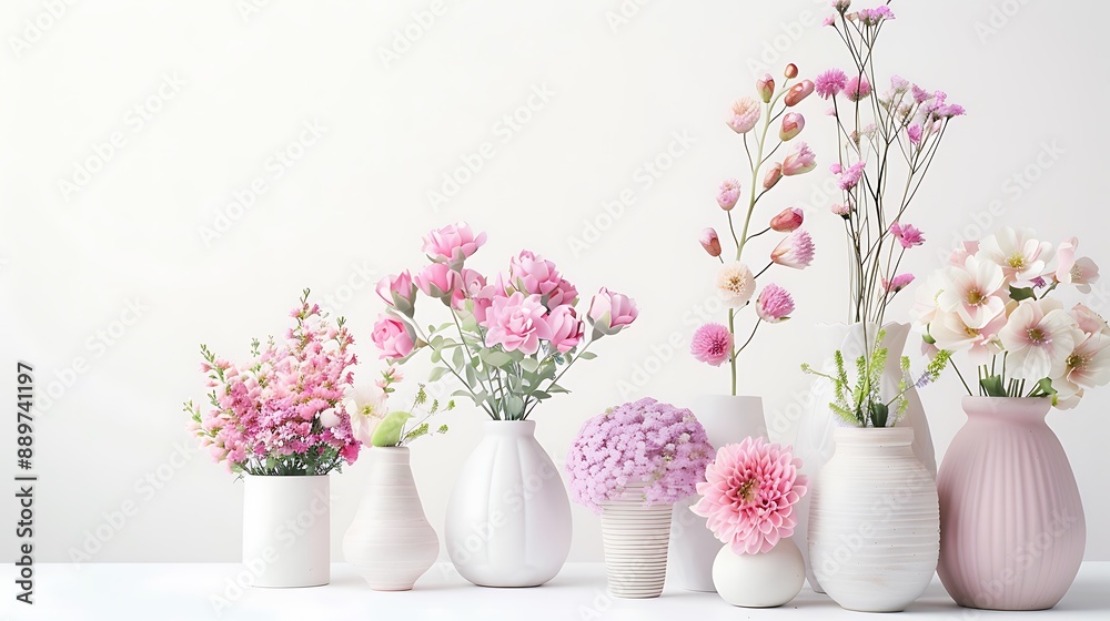 Beautifully arranged fresh flowers in elegant vases on a clean white background. 32k, full ultra HD, high resolution Beautifully arranged fresh flowers in elegant vases on a clean white background. 32k, full ultra HD, high resolution