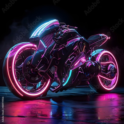 A sleek, futuristic motorcycle bathed in neon lights, ready for a high-speed ride through a neon cityscape photo