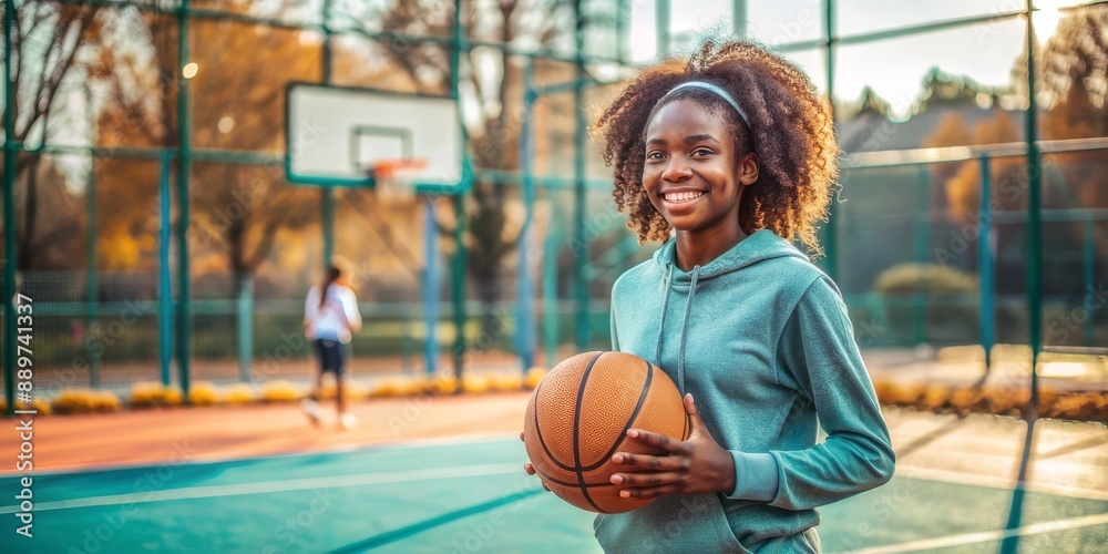 A teenage black girl with a ball on the playground. A teenage black girl with a ball on the playground.