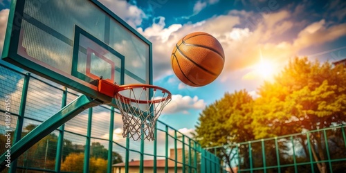 A ball flying to the basket outdoors.