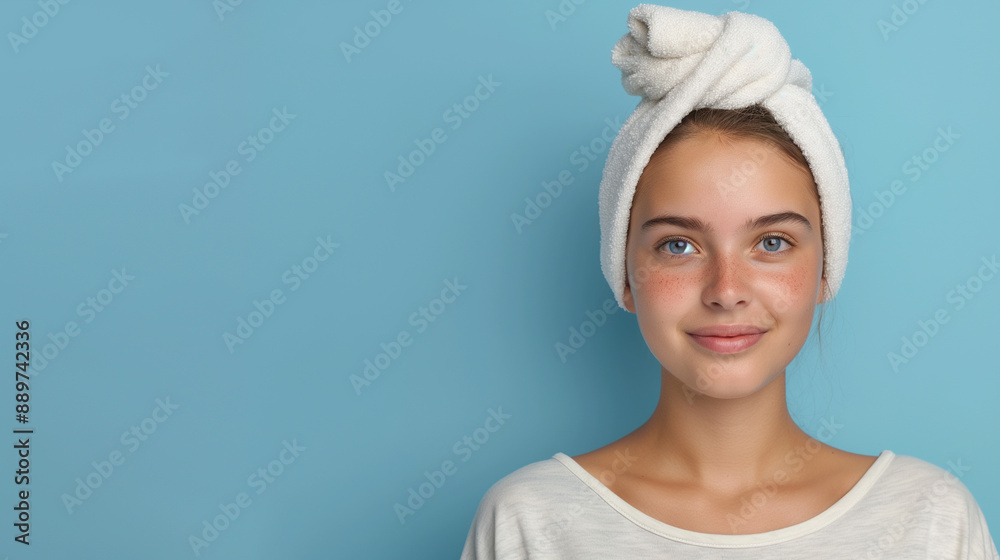 Smiling Young Woman with Towel on Head Relaxing After Bath, Eyes Closed, Fresh Face, Spa-Like Setting, Light Blue Background, Skincare Routine, Wellness and Beauty Concept, Healthy Skin, Natural Glow Smiling Young Woman with Towel on Head Relaxing After Bath, Eyes Closed, Fresh Face, Spa-Like Setting, Light Blue Background, Skincare Routine, Wellness and Beauty Concept, Healthy Skin, Natural Glow