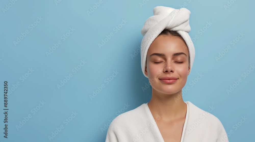 Smiling Young Woman with Towel on Head Relaxing After Bath, Eyes Closed, Fresh Face, Spa-Like Setting, Light Blue Background, Skincare Routine, Wellness and Beauty Concept, Healthy Skin, Natural Glow Smiling Young Woman with Towel on Head Relaxing After Bath, Eyes Closed, Fresh Face, Spa-Like Setting, Light Blue Background, Skincare Routine, Wellness and Beauty Concept, Healthy Skin, Natural Glow