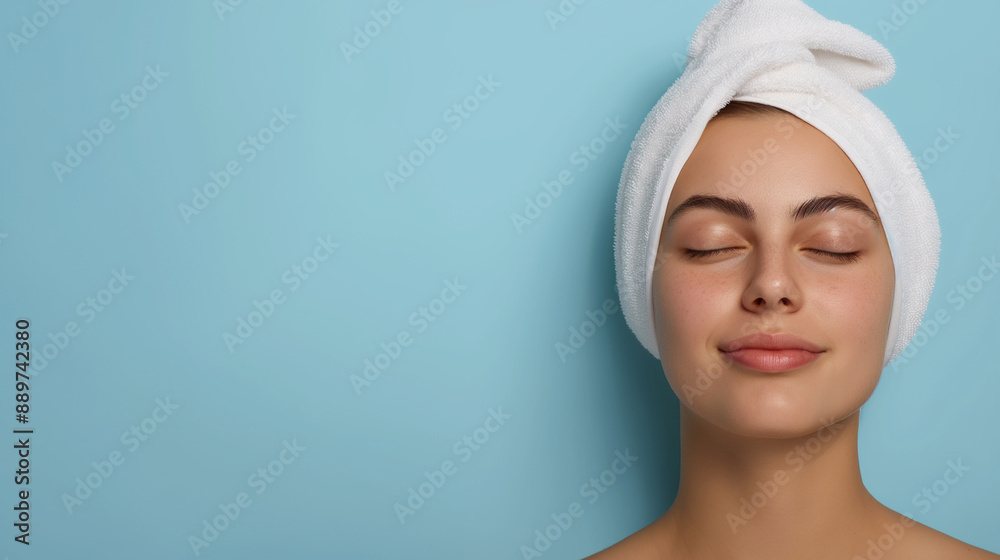 Smiling Young Woman with Towel on Head Relaxing After Bath, Eyes Closed, Fresh Face, Spa-Like Setting, Light Blue Background, Skincare Routine, Wellness and Beauty Concept, Healthy Skin, Natural Glow