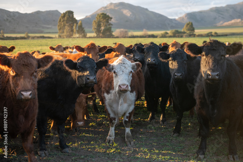 Group of young black and brown steers in the meadow and mountains