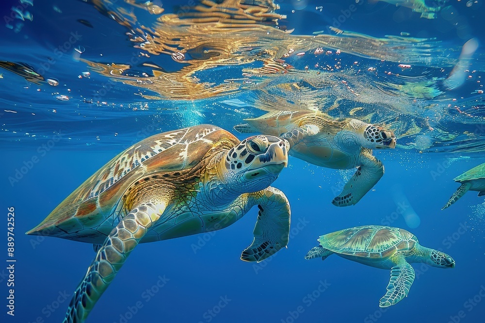 Obraz premium Three turtles swimming in the ocean. The water is blue and clear