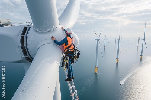 A maintenance worker ascending the ladder of an offshore wind turbine, fully equipped with safety gear including a helmet, harness, and tool belt.