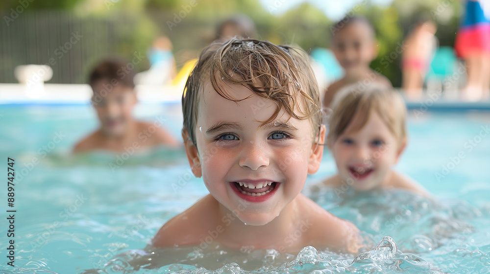 Happy Children Playing in Swimming Pool, Focus on Smiling Boy in Front, Summer Fun, Water Activities, Kids Enjoying, Poolside Recreation, Joyful Expression, Family Time, Childhood Memories. Happy Children Playing in Swimming Pool, Focus on Smiling Boy in Front, Summer Fun, Water Activities, Kids Enjoying, Poolside Recreation, Joyful Expression, Family Time, Childhood Memories.