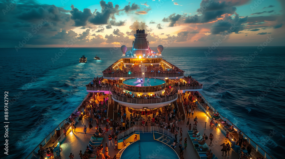 Top view of crowded deck of cruise ship during summer luxury holiday on ocean at sunset with lights on boat. Generative AI Top view of crowded deck of cruise ship during summer luxury holiday on ocean at sunset with lights on boat. Generative AI