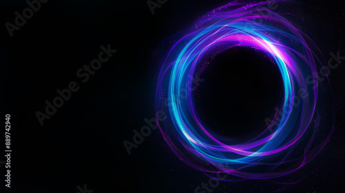 Airy digital neon blue and purple tech circle on dark background, copy space. Science, futuristic digital technologies concept. 