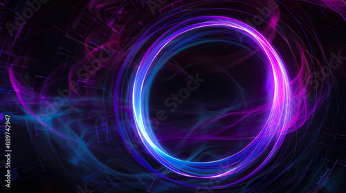 Airy digital blue and purple glowing tech circle on dark background. Science, futuristic digital technologies concept. 