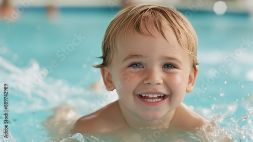 Happy Children Playing in Swimming Pool, Focus on Smiling Boy in Front, Summer Fun, Water Activities, Kids Enjoying, Poolside Recreation, Joyful Expression, Family Time, Childhood Memories. 