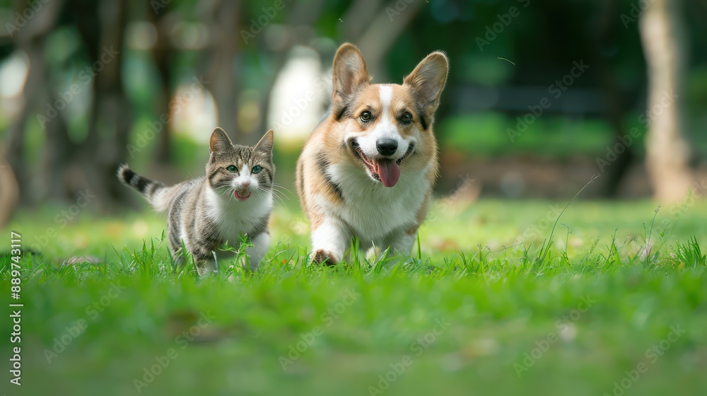 Corgi and Cat Playing in a Lush Green Park Corgi and Cat Playing in a Lush Green Park