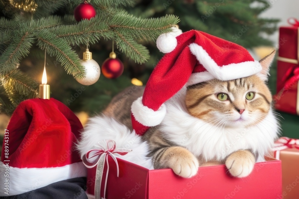 Cat near the Christmas tree with gifts to celebrate Christmas Cat near the Christmas tree with gifts to celebrate Christmas