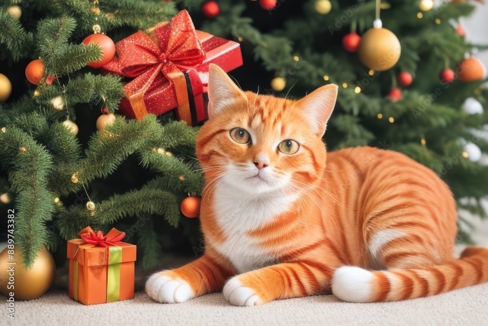 Cat near the Christmas tree with gifts to celebrate Christmas Cat near the Christmas tree with gifts to celebrate Christmas