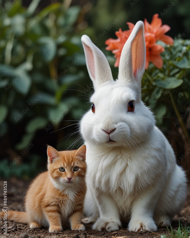 White rabbit and red kitten White rabbit and red kitten