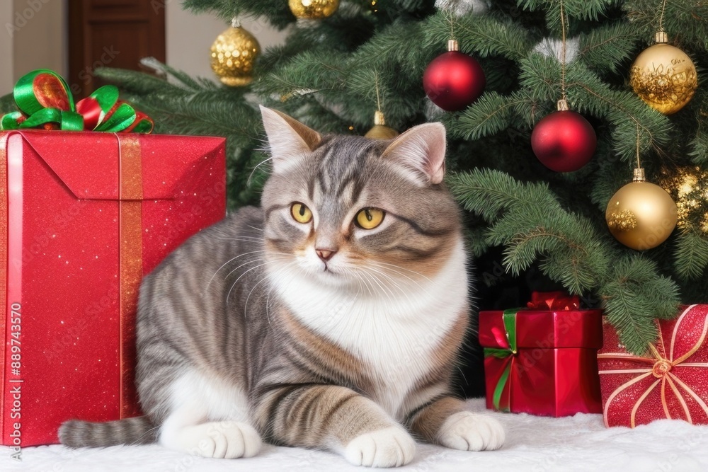 Cat near the Christmas tree with gifts to celebrate Christmas