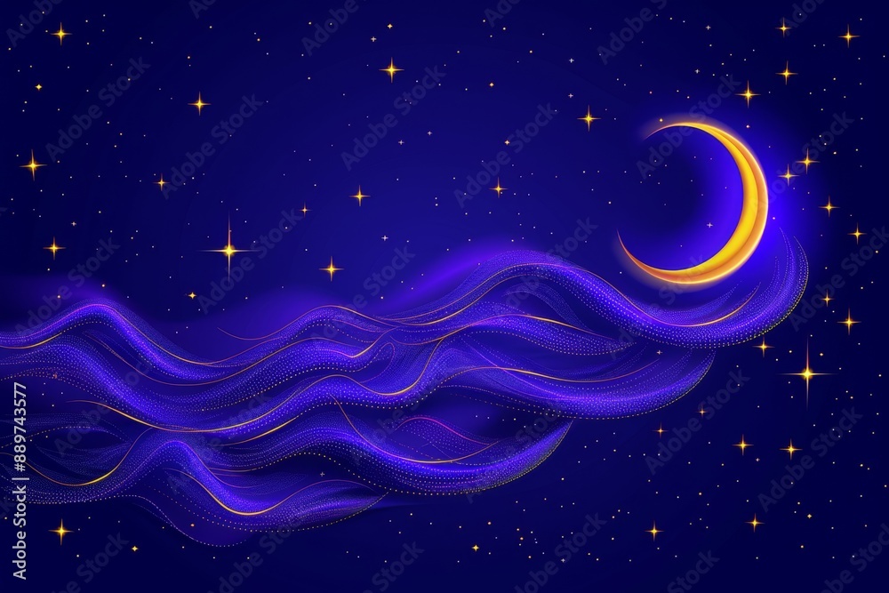 Obraz premium Whimsical night sky with a crescent moon and swirling purple clouds evoking a sense of wonder and fantasy