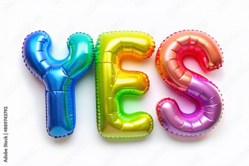 Colorful and playful, this isolated shot of a three-dimensional YES in inflatable multicolored letter balloons against a clean white background exudes positivity and affirmation. Colorful and playful, this isolated shot of a three-dimensional YES in inflatable multicolored letter balloons against a clean white background exudes positivity and affirmation.