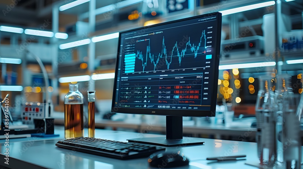 modern laboratory setup with a computer screen displaying data analytics, surrounded by test tubes and scientific equipment. The vibrant lighting enhances the high-tech atmosphere modern laboratory setup with a computer screen displaying data analytics, surrounded by test tubes and scientific equipment. The vibrant lighting enhances the high-tech atmosphere