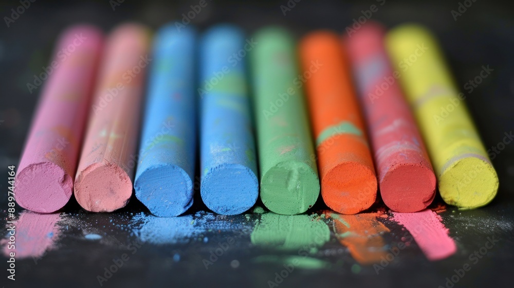 A row of colored crayons on a black background. A row of colored crayons on a black background.