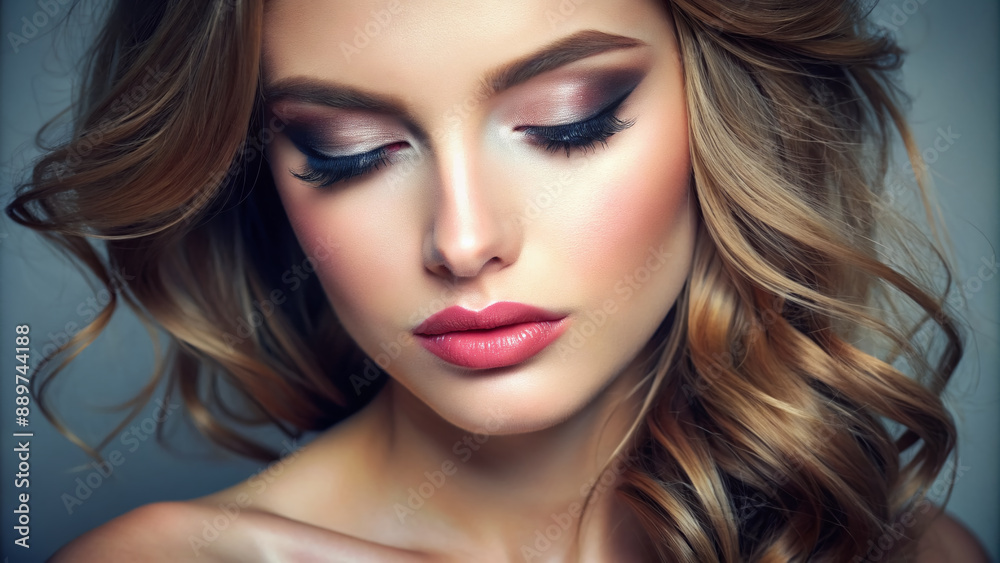 A woman with a light brown hair and blue eyes is wearing makeup. She has a light pink lip color and her eyes are closed A woman with a light brown hair and blue eyes is wearing makeup. She has a light pink lip color and her eyes are closed