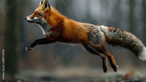 A red fox captured mid-leap in a forest, showcasing its agility and natural beauty. Ideal for use in wildlife photography, nature-themed projects, or content celebrating the grace and movement photo