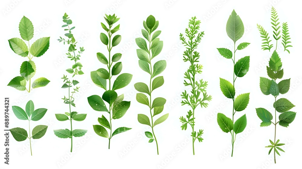 Fototapeta premium collection of various green leaves arranged in a row on a white background, showcasing different shapes and textures. Ideal for botanical designs, natural-themed projects, or as isolated elements for 