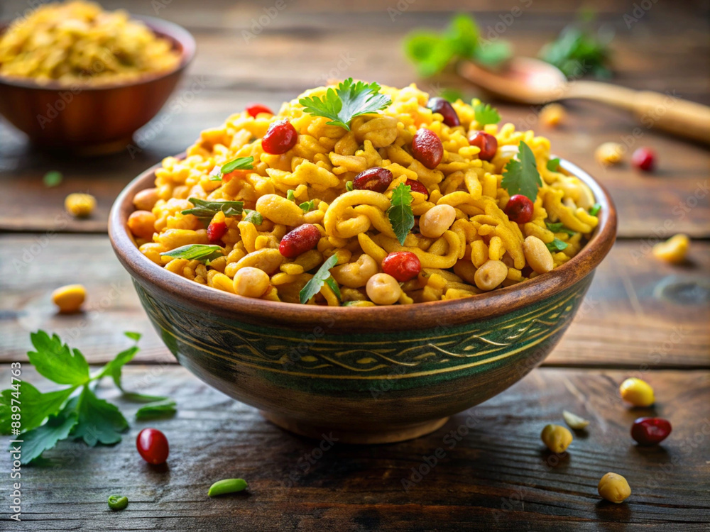 Jhalmuri - made of puffed rice and an assortment of Indian spices, vegetables and mustard oil Jhalmuri - made of puffed rice and an assortment of Indian spices, vegetables and mustard oil