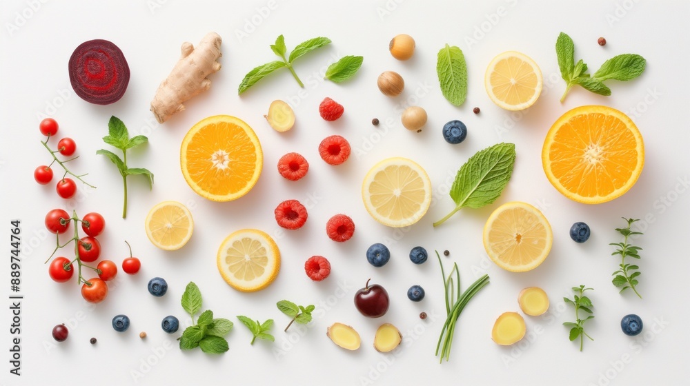 Fresh citrus fruits and berries arranged on a white background, representing a healthy eating concept.