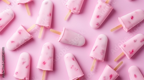 Assorted pink ice creams on a pastel background, summer dessert concept.