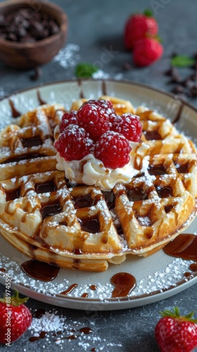 Delicious homemade waffles drizzled with chocolate syrup and topped with fresh raspberries and whipped cream, served with a dusting of powdered sugar