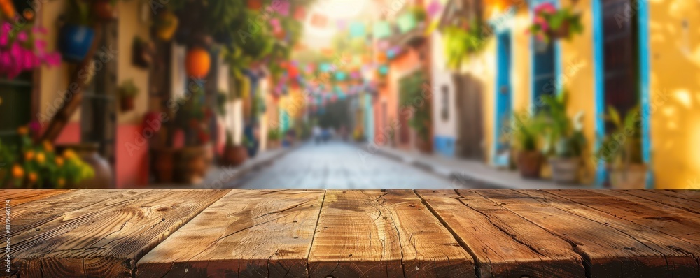 A wooden table with a view of a street. Free copy space for text.