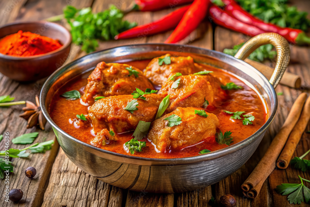 Richly flavored and aromatic spicy curry with tender red chicken in a vibrant orange Kerala style vindaloo sauce, garnished with fresh cilantro and Indian spices. Richly flavored and aromatic spicy curry with tender red chicken in a vibrant orange Kerala style vindaloo sauce, garnished with fresh cilantro and Indian spices.