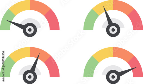 Animated speedometer sign. Indicator level icon. Risk level. Car speedometer cartoon animation on white. Risk meter. Risk concept on speedometer, vector illustration. Scale low, medium or high risk on